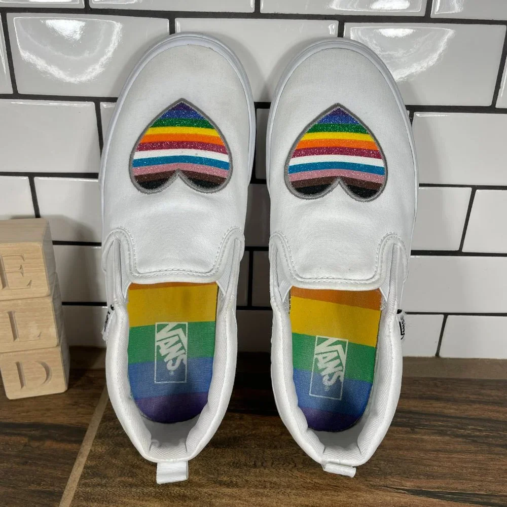 Vans Asher Pride Youth Girl's Size 5 Shoes Glitter Rainbow White Slip On Sneaker